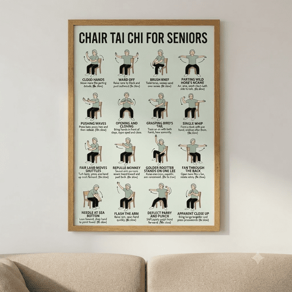 DailyMood Chair Tai Chi for Seniors Gentle Balance Exercise Chart Poster Wall Art Unframed