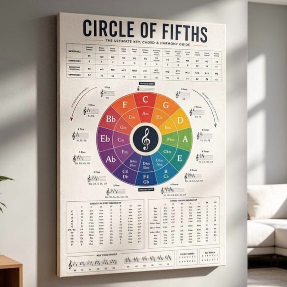 DailyMood Circle of Fifths Music Theory Chart Poster Piano and Guitar Chord Guide Frameless Print