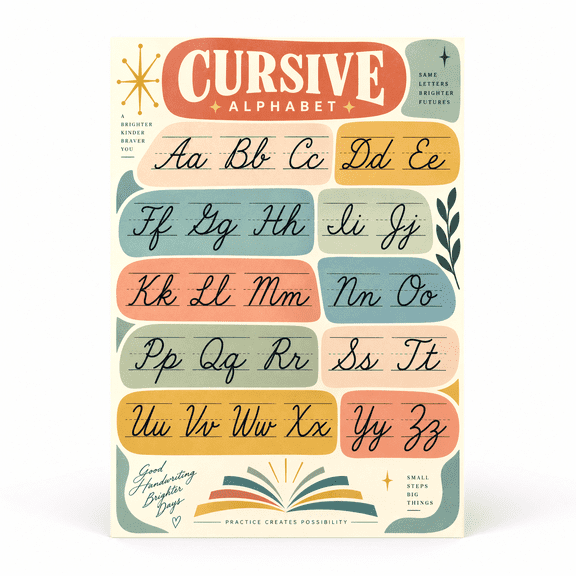 DailyMood Cursive Alphabet Educational Handwriting Practice Unframed Matte Wall Art Poster