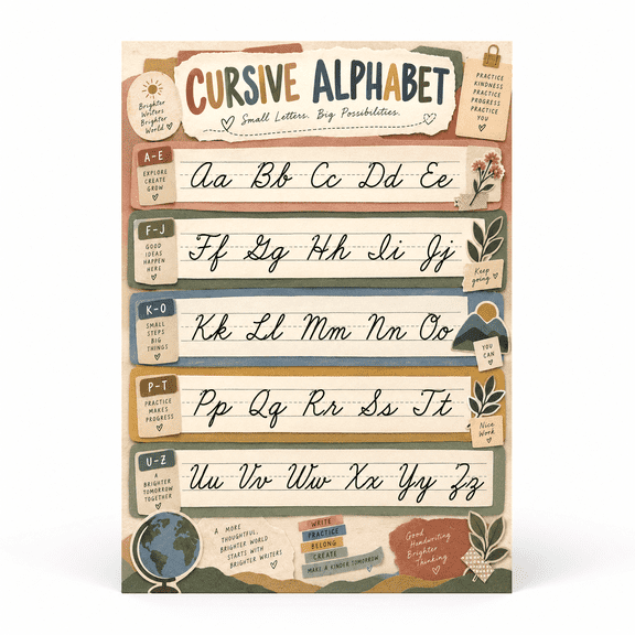 DailyMood Cursive Alphabet Retro Handwriting Educational Guide Unframed Matte Wall Poster