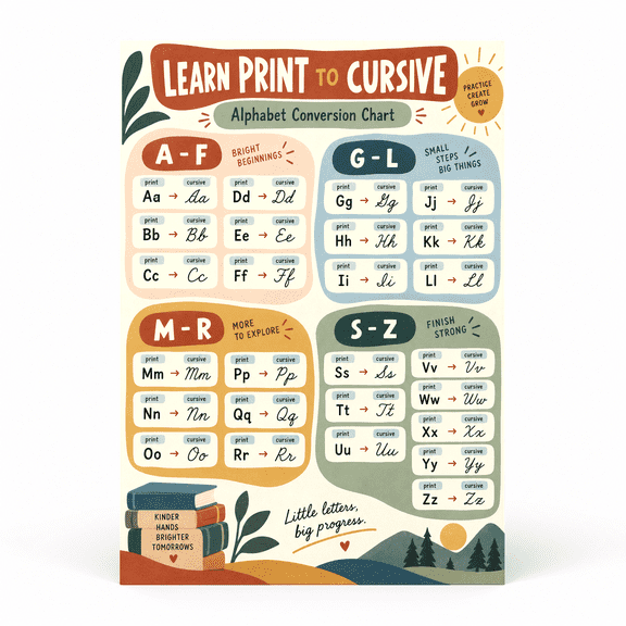 DailyMood Cursive Alphabet Retro Style Handwriting Practice Unframed Matte Wall Art Poster