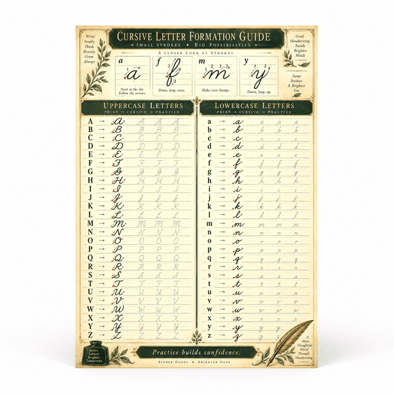 DailyMood Cursive Letter Formation Guide Vintage Matte Unframed Wall Art Poster