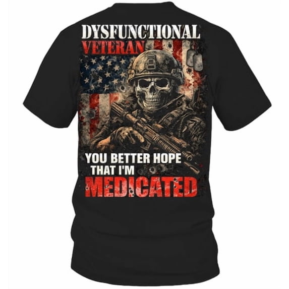 DailyMood Dysfunctional Veteran Humor Graphic Print Short Sleeve Cotton T-Shirt Black Large