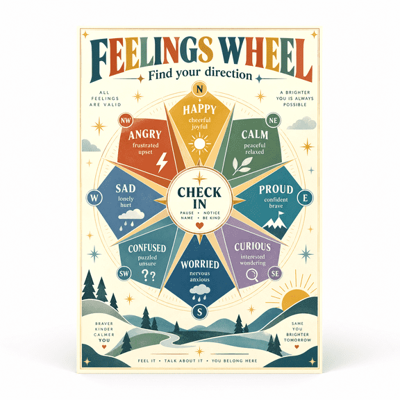 DailyMood Feelings Poster for Classroom, Feelings Wheel Compass Direction Guide, Unframed