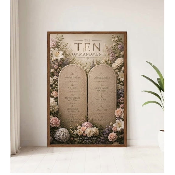 DailyMood Floral Christian Scripture Ten Commandments Poster Wall Art Frameless