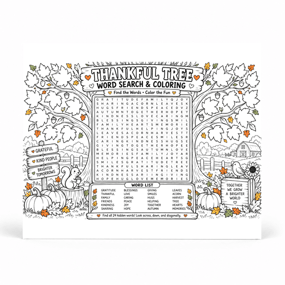 DailyMood Giant Thanksgiving Word Search & Coloring Poster, Grateful Tree Barn, Unframed