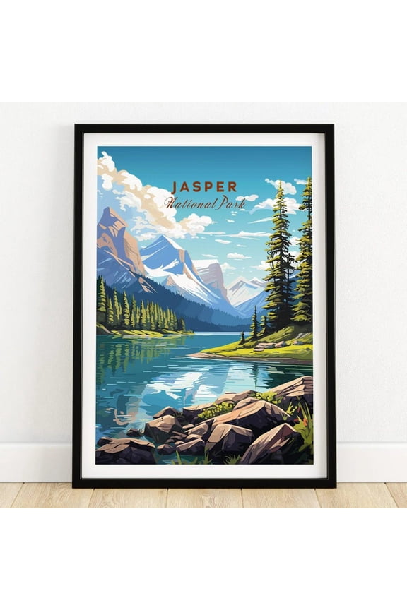 Jasper National Park Canadian Rockies Lake and Forest Wilderness Landscape Travel Poster Wall Art Print Natural Green and Teal Palette