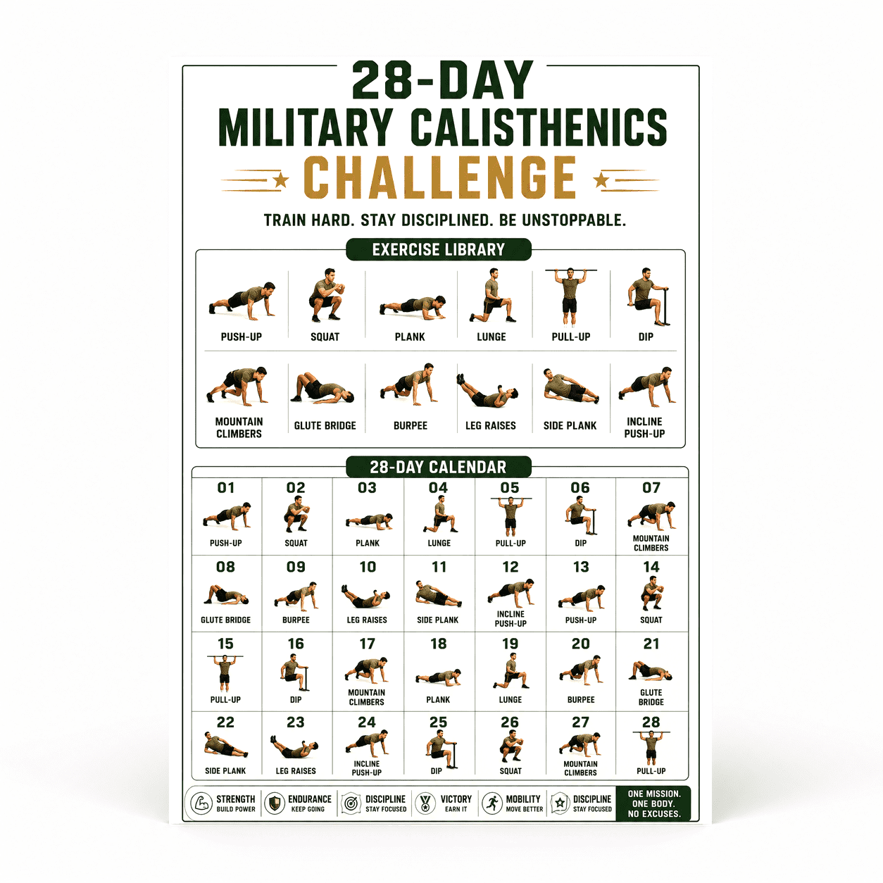 DailyMood Military Calisthenics 28 Day Bodyweight Fitness Challenge Unframed Matte Poster ...