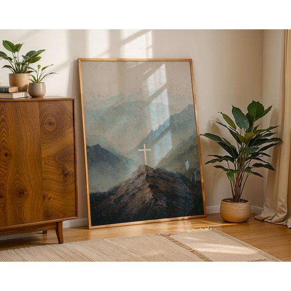 DailyMood Minimalist Cross on Mountain Landscape Christian Wall Art Poster Print Frameless