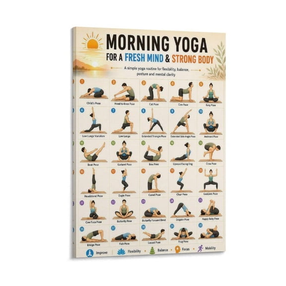 DailyMood Morning Yoga Routine 30 Poses Chart Poster Daily Stretch Guide Wall Art Unframed