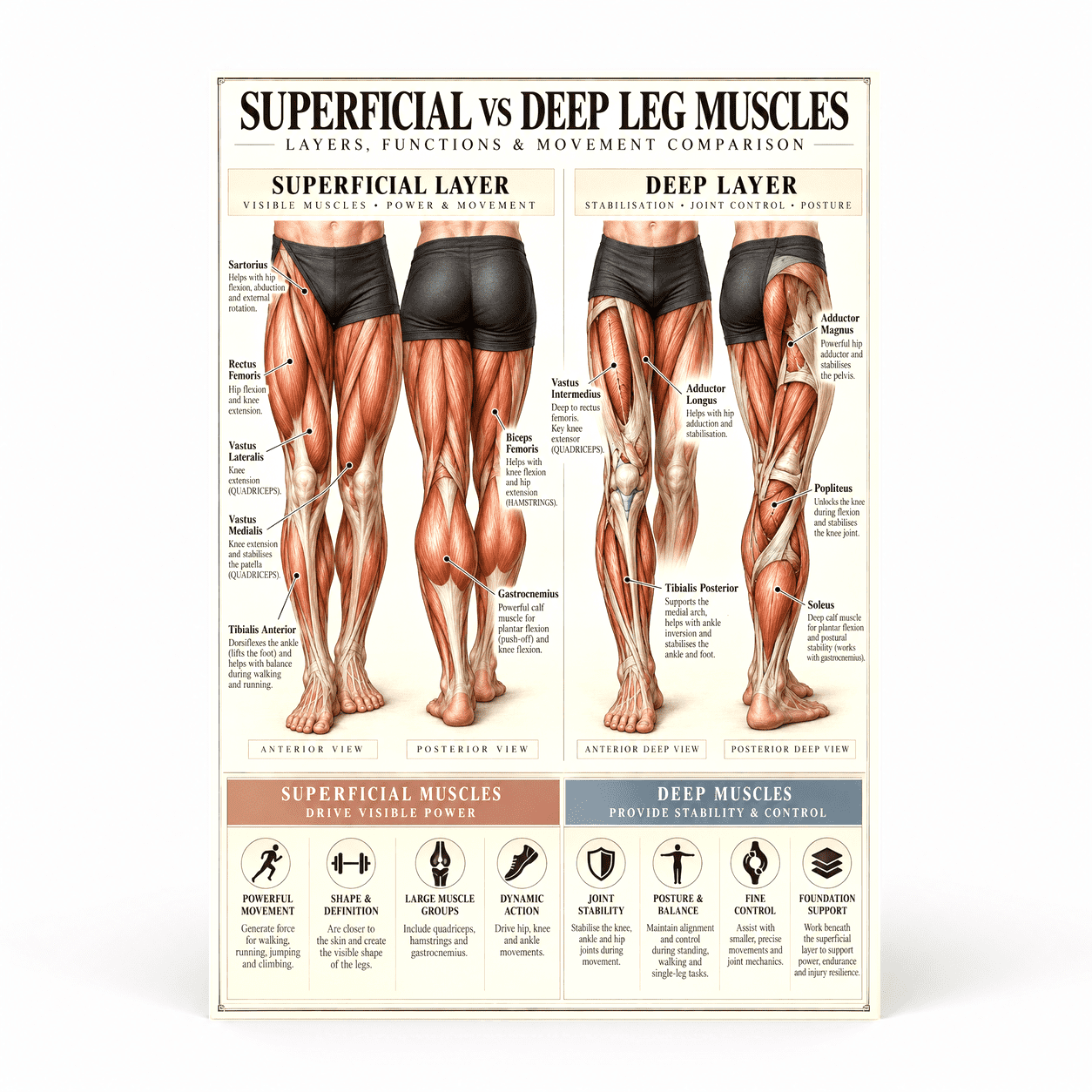 DailyMood Muscle Anatomy Poster, Anterior and Posterior Leg Musculature ...