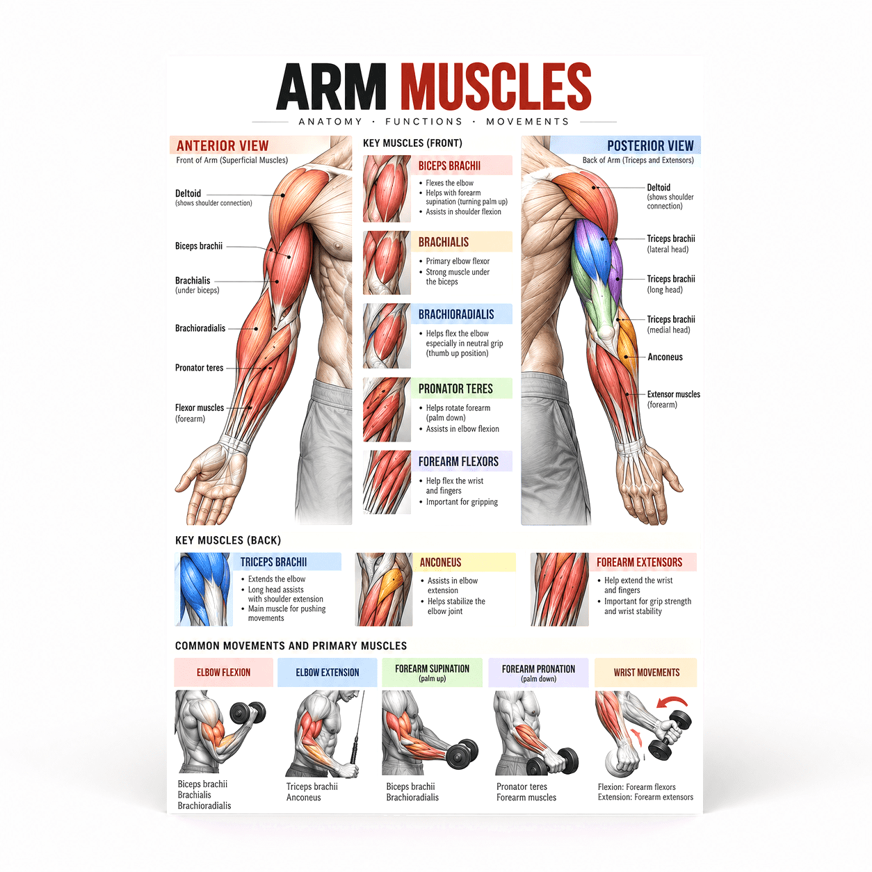 DailyMood Muscle Anatomy Poster, Arm Muscles Anatomy Functions and ...