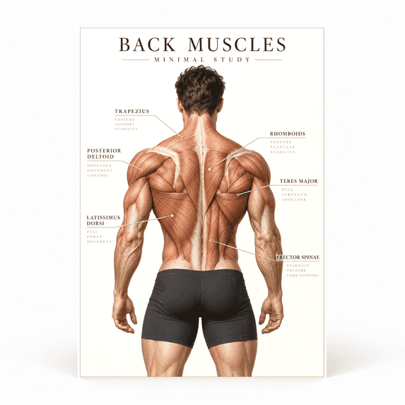 DailyMood Muscle Anatomy Poster, Back Muscles Minimal Study Detailed ...