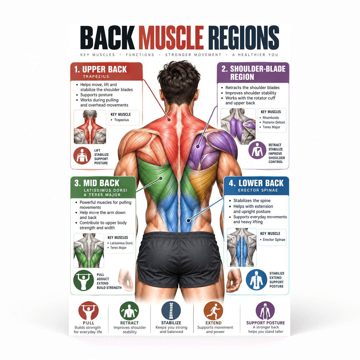 DailyMood Muscle Anatomy Poster, Detailed Human Back Muscle Regions ...