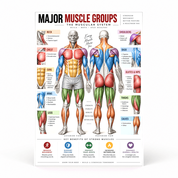 Musucle Structure DailyMood Muscle Anatomy Poster, Major Muscle Groups Kinesiology Study ...