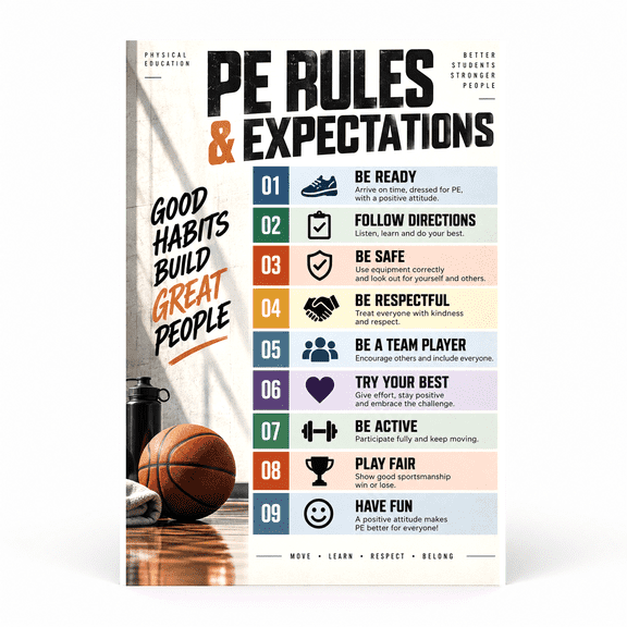 DailyMood Physical Poster, PE Rules Move Learn Respect Good Habits List, Unframed