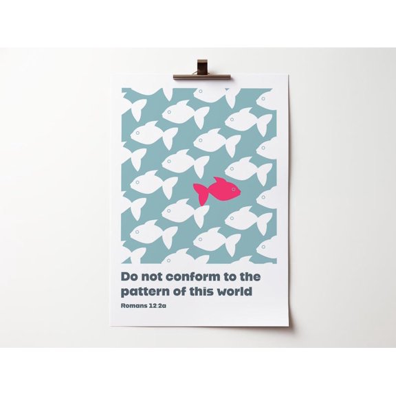 DailyMood Romans 12 2 Minimalist Fish Scripture Print Christian Wall Art Bible Cross Reference Poster Unframed