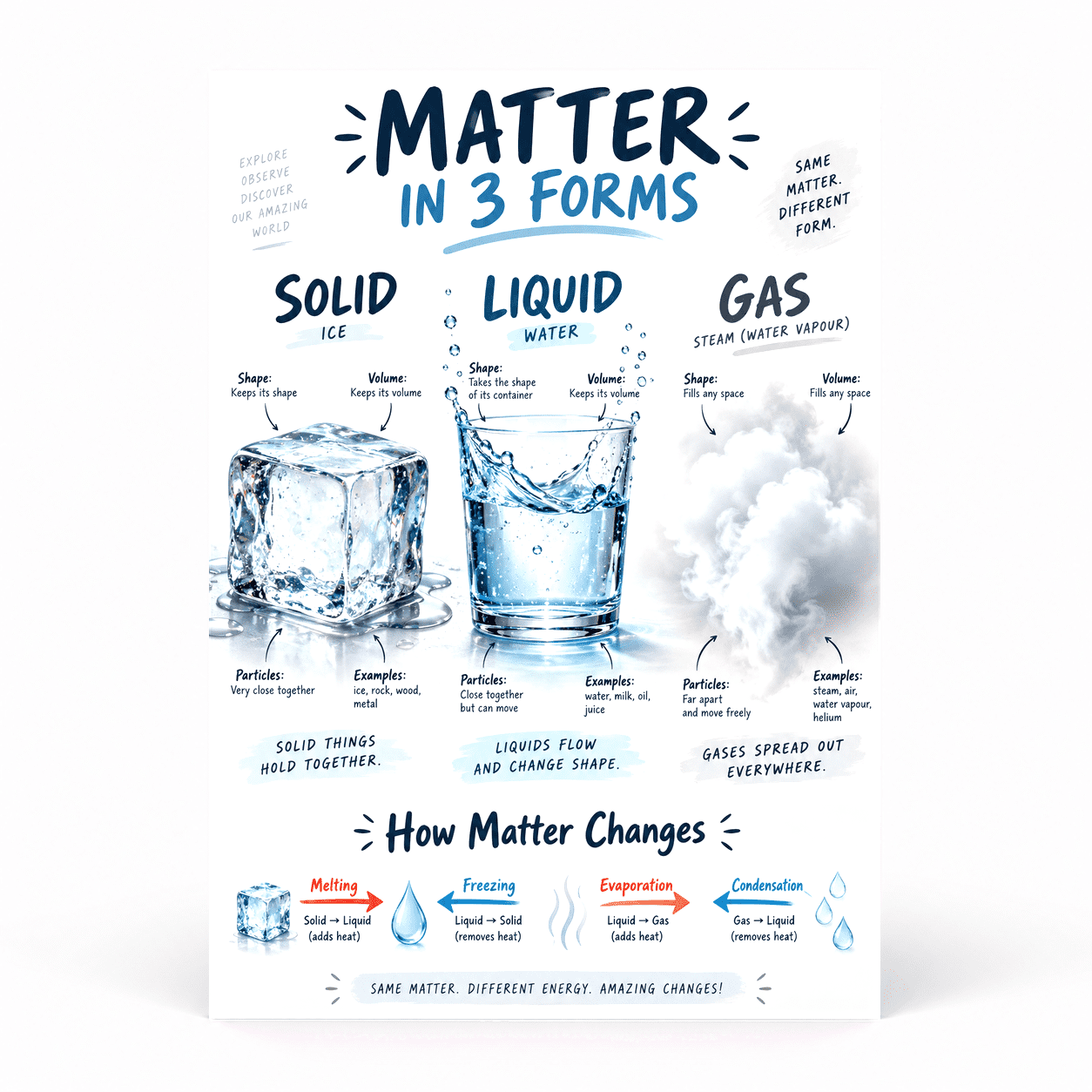 DailyMood Science Poster for Classroom Elementary, Three Matter Forms Overview, Unframed ...