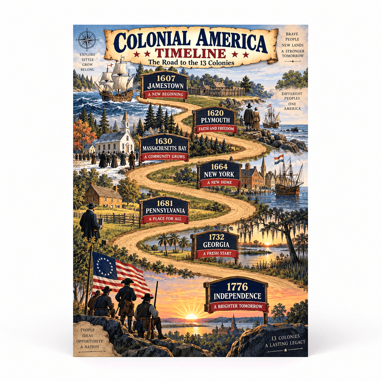 DailyMood US History Poster for Classroom, Colonial America Timeline Overview, Unframed ...