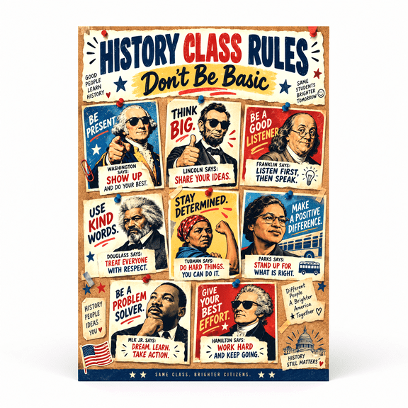 DailyMood US History Poster for Classroom, History Class Rules with Figures, Unframed