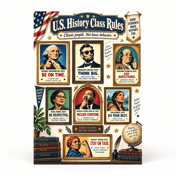 DailyMood US History Poster for Classroom, U.S. History Class Rules Illustrated, Unframed