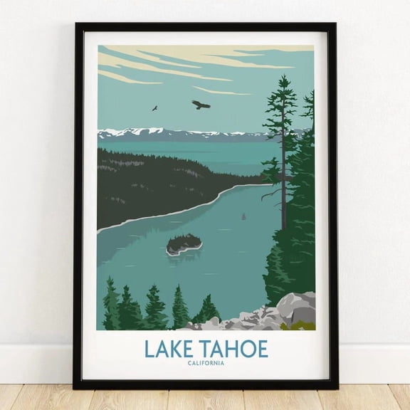 DailyMood Vintage Lake Tahoe Wall Art Poster Retro Sierra Nevada Mountain Lake Travel Print Multicolor Unframed