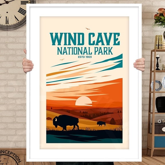 DailyMood Wind Cave National Park Poster Buffalo Bison Wildlife Prairie Vintage Retro Wall Art Print