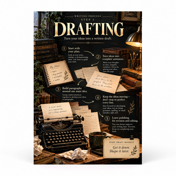 DailyMood Writing Process Poster, Drafting Turn Ideas into a Written Draft, Unframed