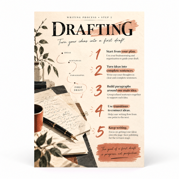 DailyMood Writing Process Poster, Drafting and First Version Writing Guide, Unframed
