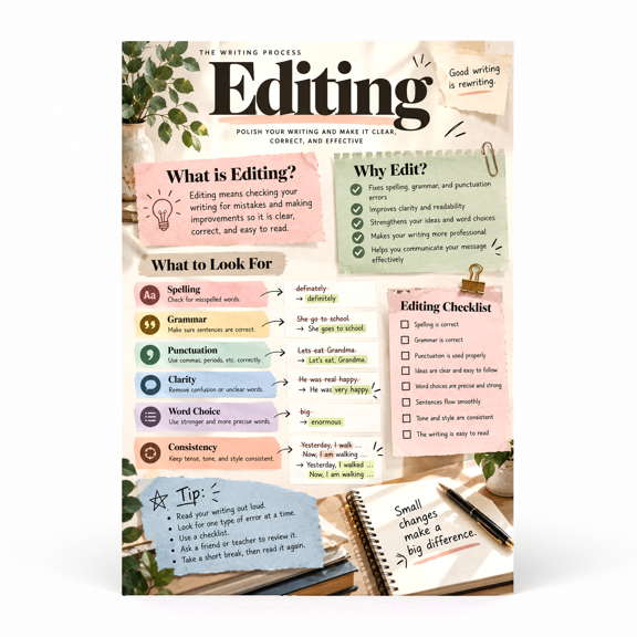 DailyMood Writing Process Poster, Editing Tips and Grammar Guide, Unframed
