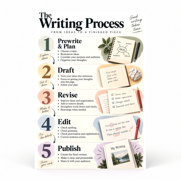 DailyMood Writing Process Poster, Five‑Stage Writing Journey Guide, Unframed