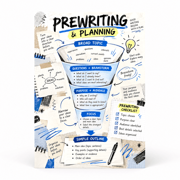 DailyMood Writing Process Poster, Prewriting & Planning Funnel Checklist, Unframed