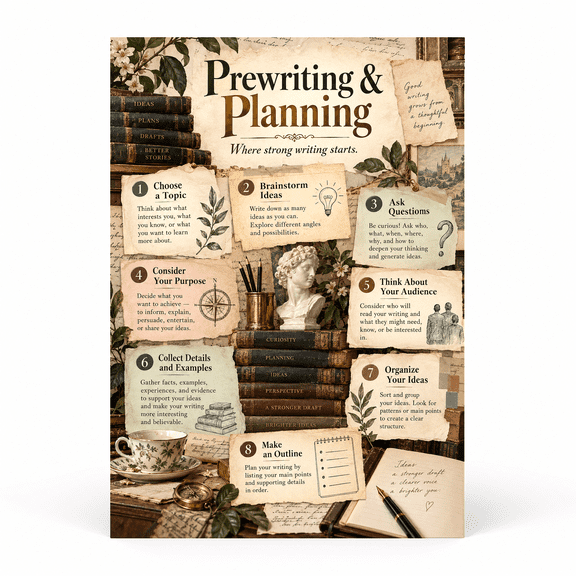 DailyMood Writing Process Poster, Prewriting Planning and 8-Step Writing Guide, Unframed