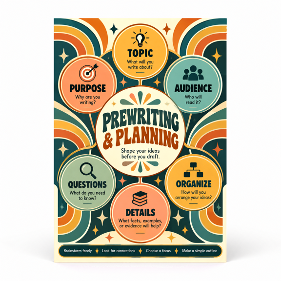 DailyMood Writing Process Poster, Retro Style Prewriting and Planning Organization Guide