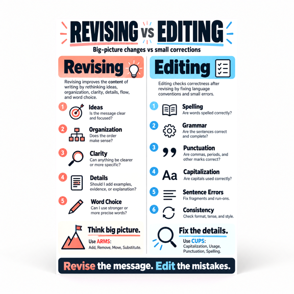 DailyMood Writing Process Poster, Revising vs Editing Comparison Guide, Unframed