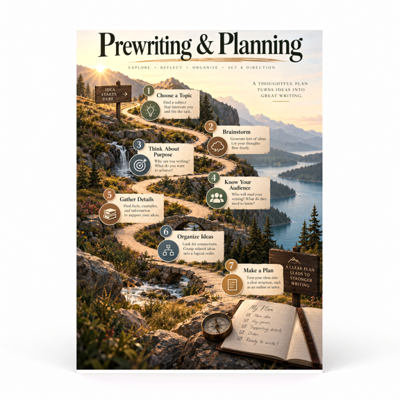 DailyMood Writing Process Poster, Seven‑Step Mountain Path Prewriting Journey Diagram, Unframed