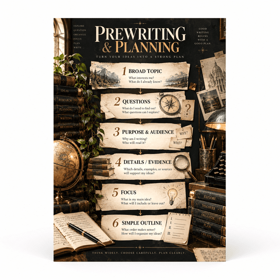 DailyMood Writing Process Poster, Six‑Step Prewriting and Planning Instructional Guide, Unframed
