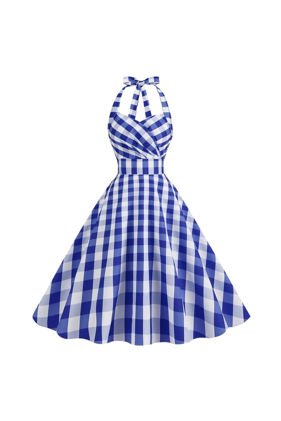 Fashion V-Neck Sleeveless Women's Dress Sexy Checkered Print Hanging Neck Dress