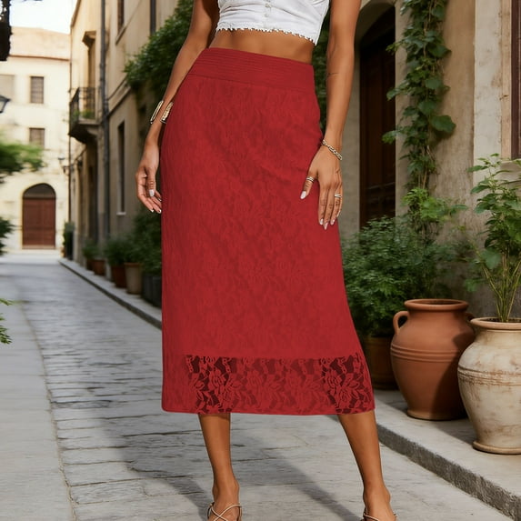 DailyTrove Fashion Women‘s Solid Color Casual High Waist Lace Skirts