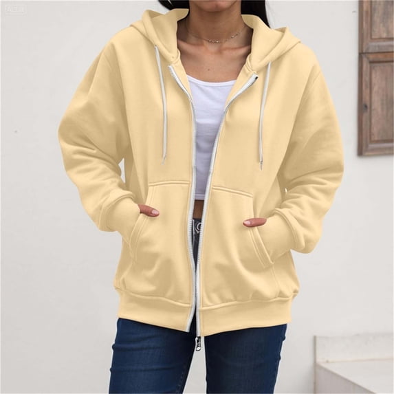 DailyTrove Ladies Basic Zip Up Hooded Sweatshirt Long Sleeve Oversized Jacket With Kangaroo Pockets