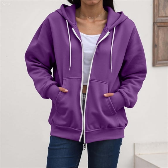 DailyTrove Ladies Basic Zip Up Hooded Sweatshirt Long Sleeve Oversized Jacket With Kangaroo Pockets