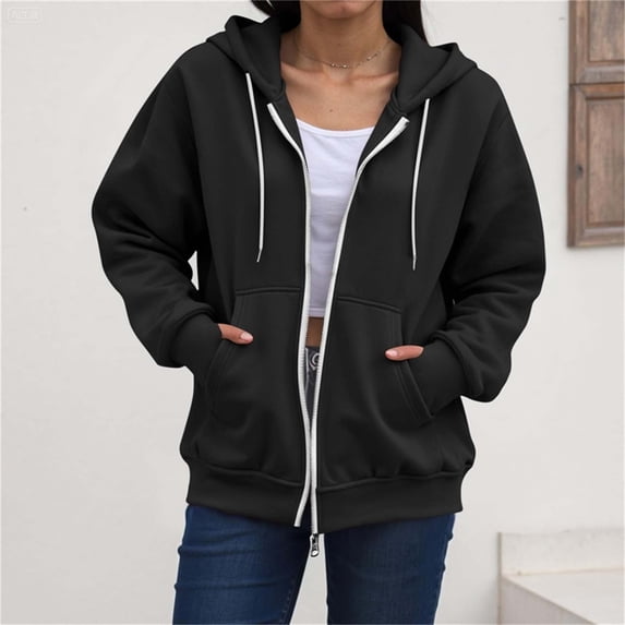 DailyTrove Ladies Basic Zip Up Hooded Sweatshirt Long Sleeve Oversized Jacket With Kangaroo Pockets