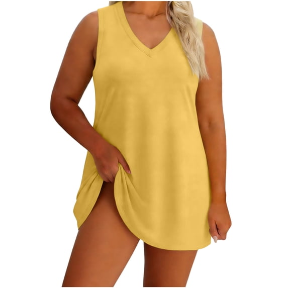 DailyTrove Ladies Plus Size Solid Color Sleeveless Mini Dress, Relaxed Fit V Neck Casual Home Wear Dress