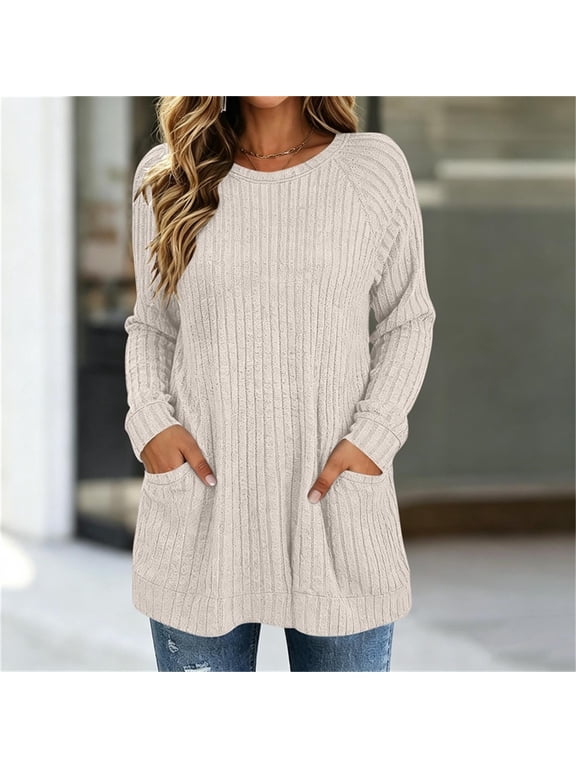 Ladies Raglan Sleeve Ribbed Tunic Shirt Crew Neck Loose Casual Top With Pockets