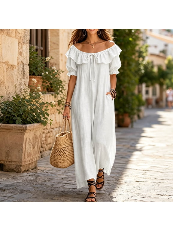 Summer Casual Jumpsuits for Women Off Shoulder Ruffle Sleeve Wide Leg Linen鈥態lend Romper with Pockets