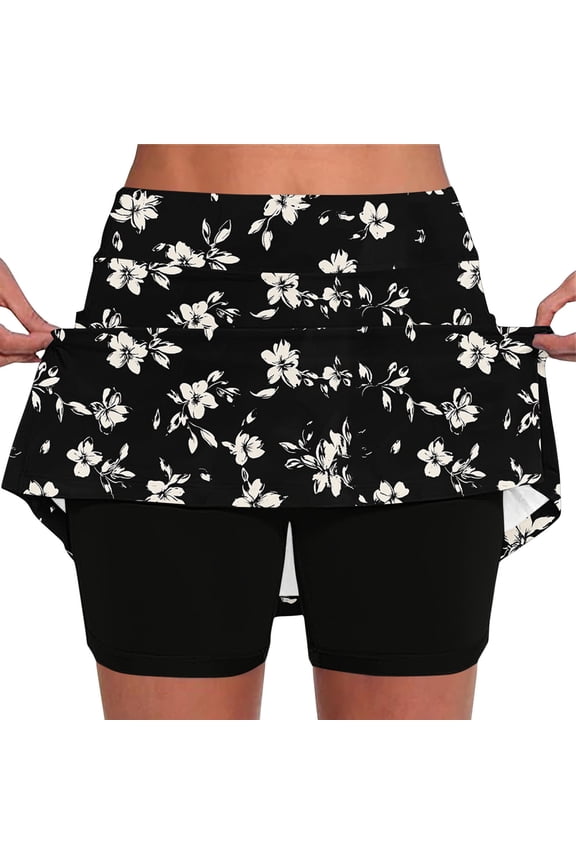 Women Black White Floral Print Skort Casual Cute Flared Skirt with Built-in Shorts