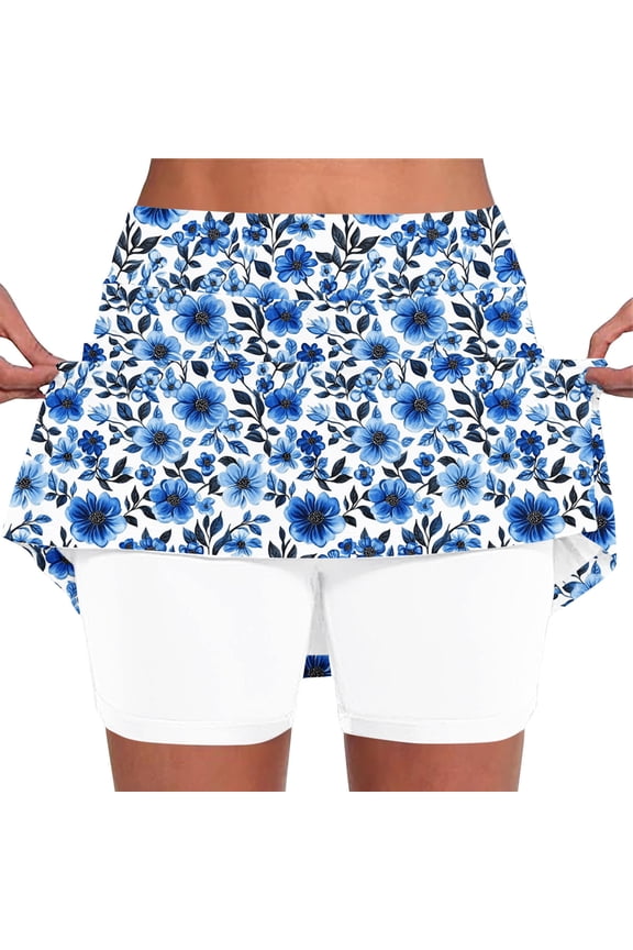 Women Blue Floral Print Skort Casual Summer Flared Skirt with Inner Shorts