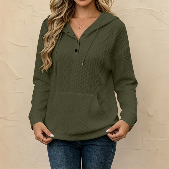 DailyTrove Women Cable Knit Henley Hooded Sweatshirt With Kangaroo Pocket Long Sleeve Tops