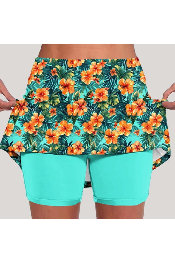 Women Colorful Floral Print Skort Casual Beach Athletic Skirt with Inner Shorts