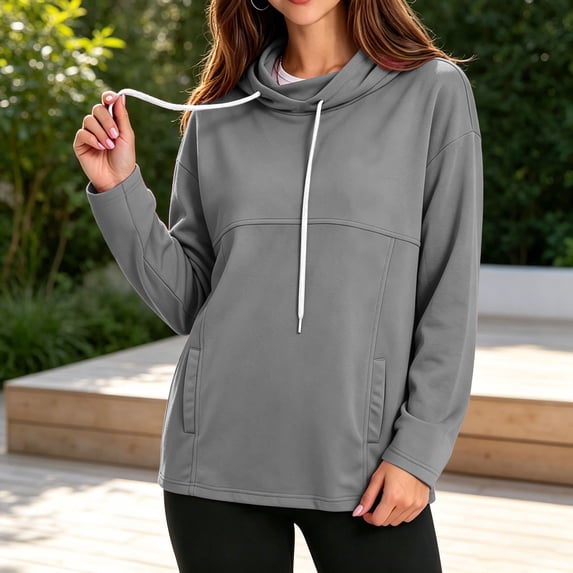 DailyTrove Women Cowl Neck Drawstring Hoodie Long Sleeve Oversized Pullover Sweatshirt Tops